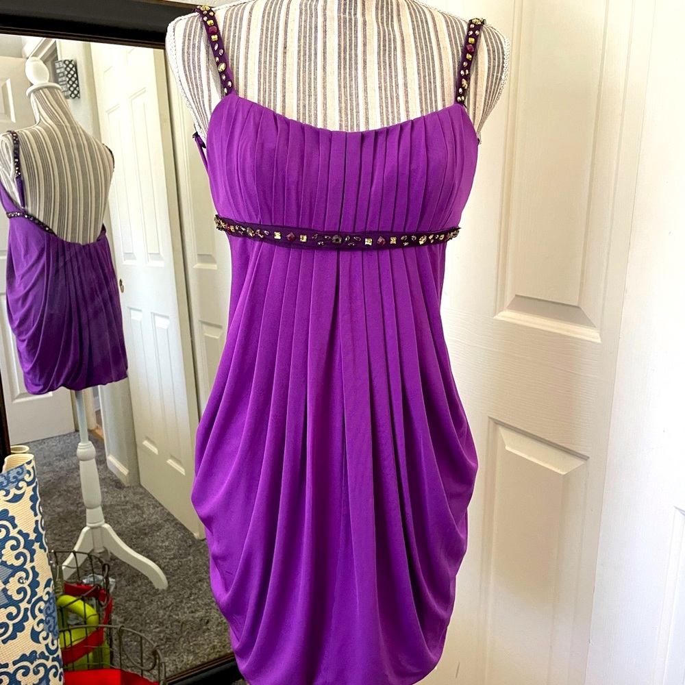 BCBGMaxAzria Open-back Pleated Purple Mini Dress with Beaded Accents